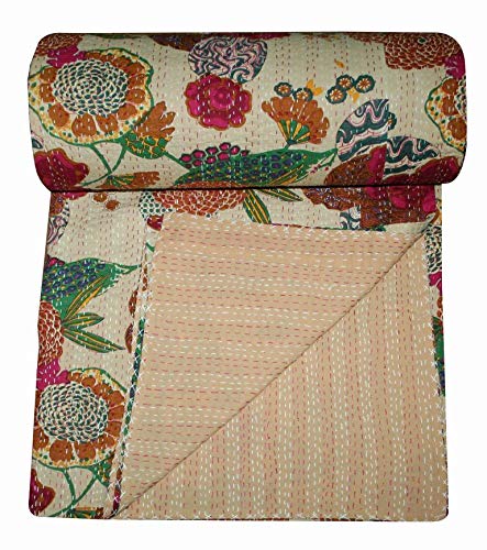 Kantha Fruit Screen Print Cotton Quilt Indian Bedspreads (Twin_Grey)