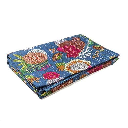 Kantha Fruit Screen Print Cotton Quilt Indian Bedspreads (Twin_Grey)