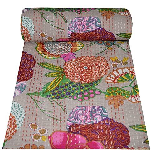 Kantha Fruit Screen Print Cotton Quilt Indian Bedspreads (Twin_Grey)