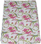 Pink Floral Screen Print White Twin Quilt Blanket Bedspreads