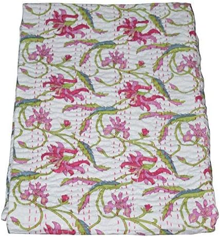 Pink Floral Screen Print White Twin Quilt Blanket Bedspreads