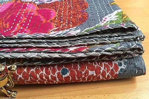 Kantha Fruit Screen Print Cotton Quilt Indian Bedspreads (Twin_Grey)