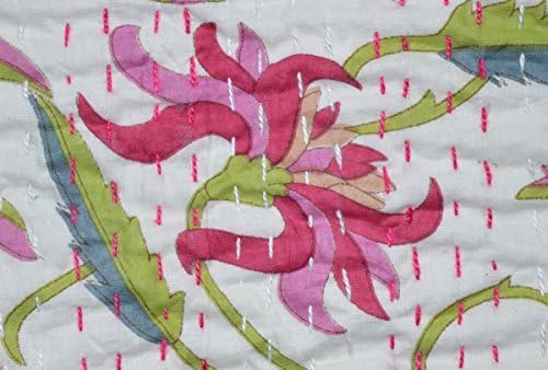 Pink Floral Screen Print White Twin Quilt Blanket Bedspreads