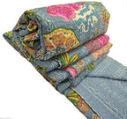 Kantha Fruit Screen Print Cotton Quilt Indian Bedspreads (Twin_Grey)