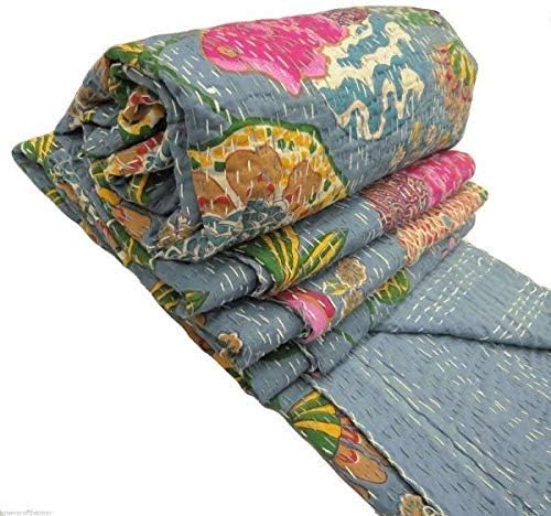 Kantha Fruit Screen Print Cotton Quilt Indian Bedspreads (Twin_Grey)