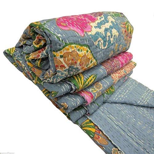 Kantha Fruit Screen Print Cotton Quilt Indian Bedspreads (Twin_Grey)