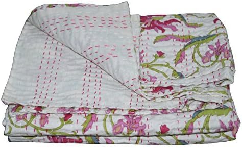 Pink Floral Screen Print White Twin Quilt Blanket Bedspreads