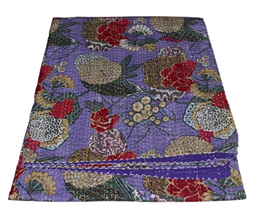 Kantha Fruit Screen Print Cotton Quilt Indian Bedspreads (Twin_Grey)