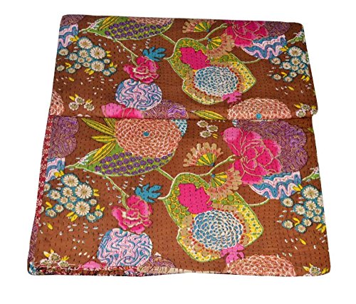 Kantha Fruit Screen Print Cotton Quilt Indian Bedspreads (Twin_Grey)