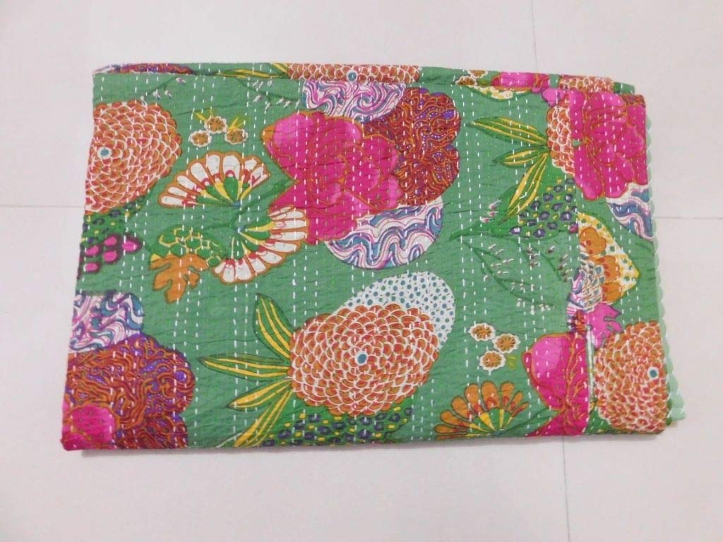 Kantha Fruit Screen Print Cotton Quilt Indian Bedspreads (Twin_Grey)