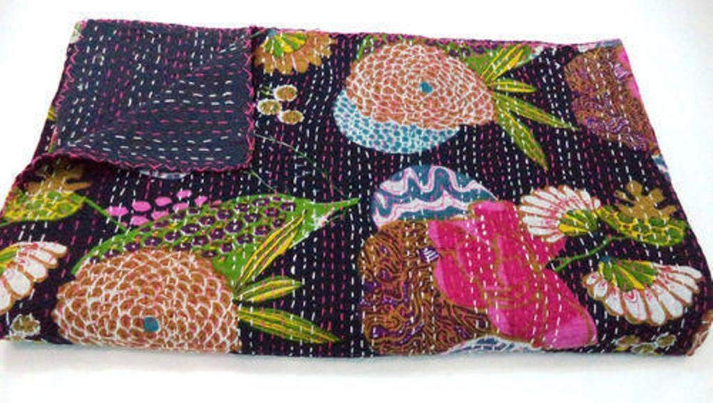 Kantha Fruit Screen Print Cotton Quilt Indian Bedspreads (Twin_Grey)
