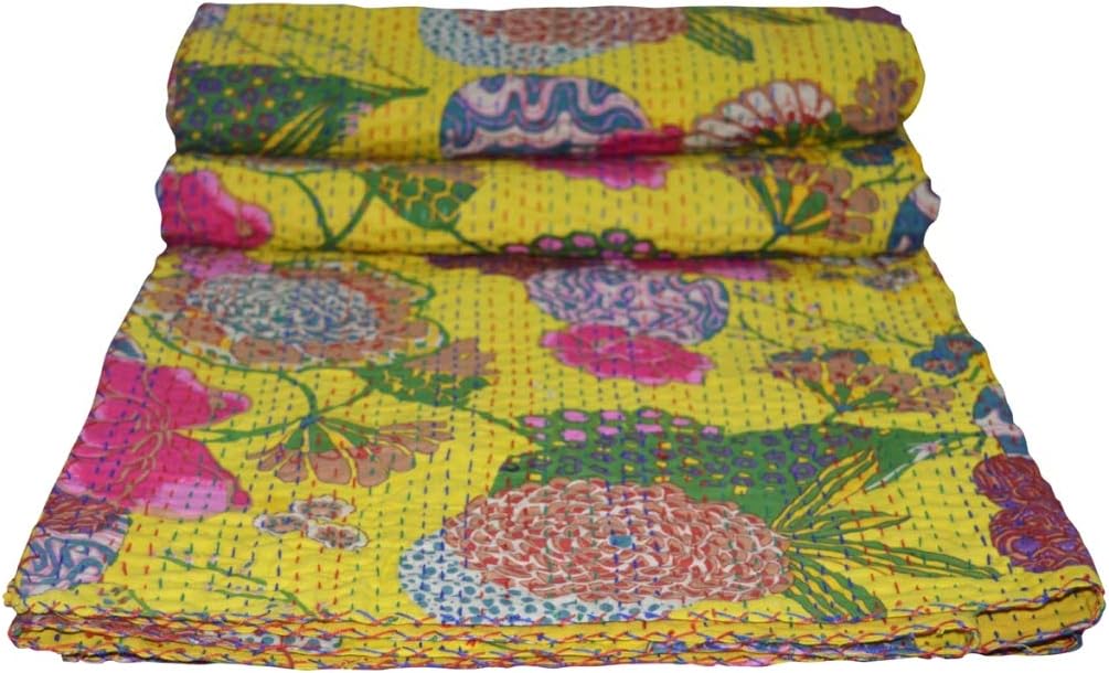 Kantha Fruit Screen Print Cotton Quilt Indian Bedspreads (Twin_Grey)