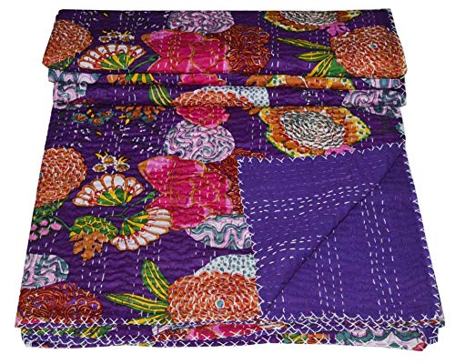 Kantha Fruit Screen Print Cotton Quilt Indian Bedspreads (Twin_Grey)