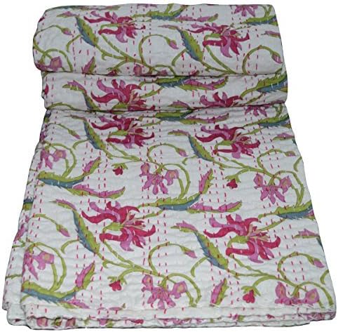 Pink Floral Screen Print White Twin Quilt Blanket Bedspreads