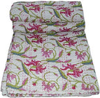 Pink Floral Screen Print White Twin Quilt Blanket Bedspreads