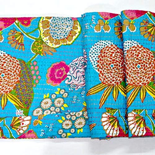 Kantha Fruit Screen Print Cotton Quilt Indian Bedspreads (Twin_Grey)