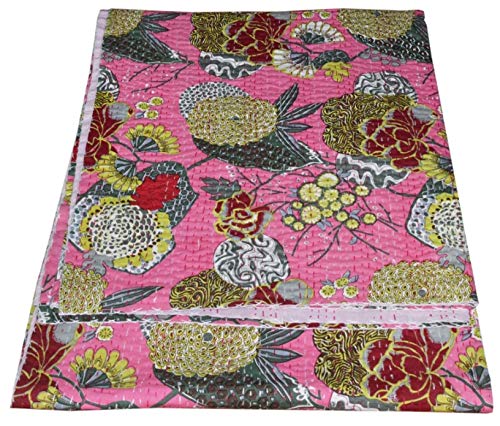 Kantha Fruit Screen Print Cotton Quilt Indian Bedspreads (Twin_Grey)