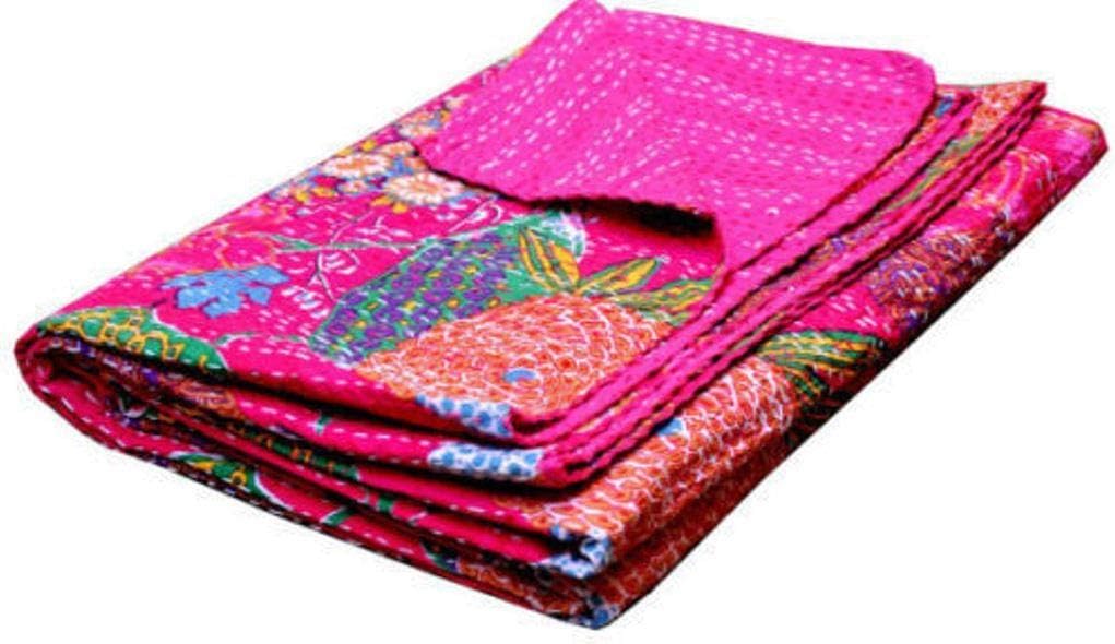 Kantha Fruit Screen Print Cotton Quilt Indian Bedspreads (Twin_Grey)