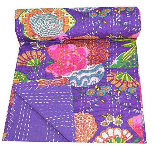 Kantha Fruit Screen Print Cotton Quilt Indian Bedspreads (Twin_Grey)