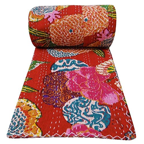 Kantha Fruit Screen Print Cotton Quilt Indian Bedspreads (Twin_Grey)
