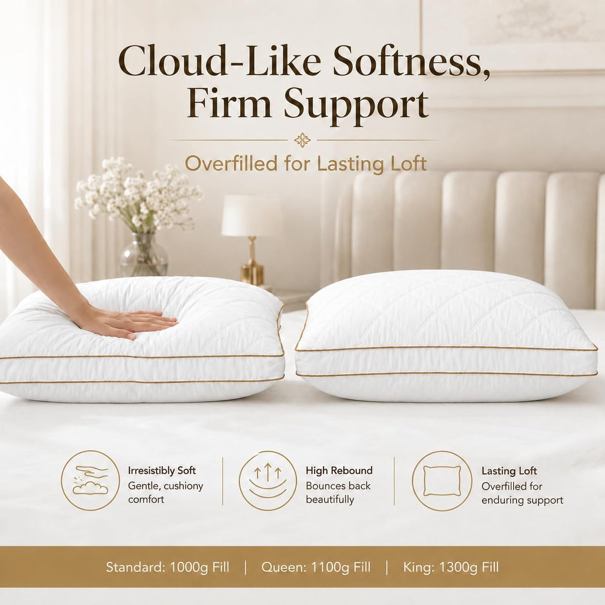 Pillows Queen Size Set of 2, Gusseted Pillow Set for Side Back Stomach Sleepers, White