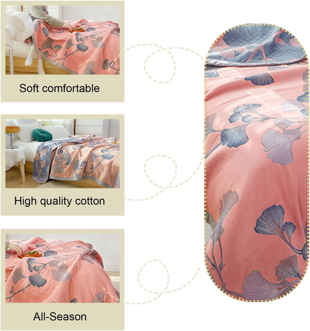 Ultra Soft Lightweight Ginkgo Pattern Quilt Boho Floral Ginkgo Leaf Pattern Quilt Bed Cover Blanket (B,79" W X 90" L)