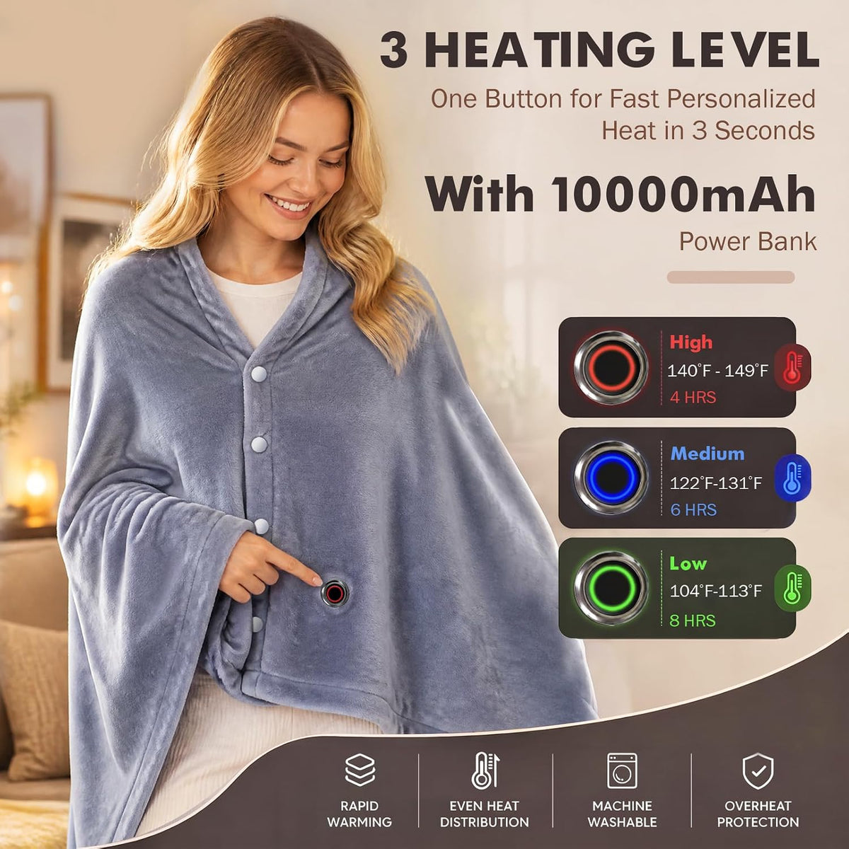 USB Heated Blanket with 10000mAh Power Bank,68" x 34" Heated Throw Blanket with 3 Fast-Heating Levels
