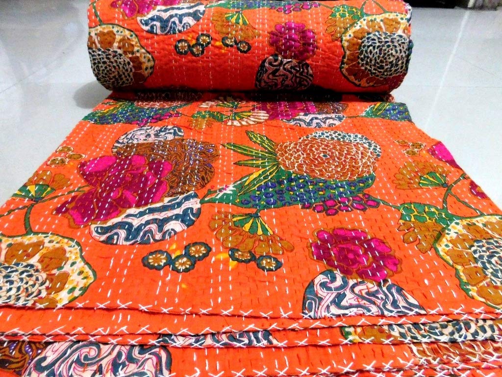 Kantha Fruit Screen Print Cotton Quilt Indian Bedspreads (Twin_Grey)