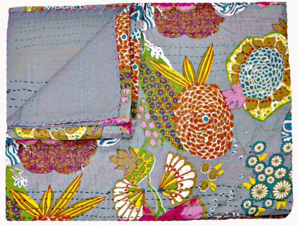Kantha Fruit Screen Print Cotton Quilt Indian Bedspreads (Twin_Grey)