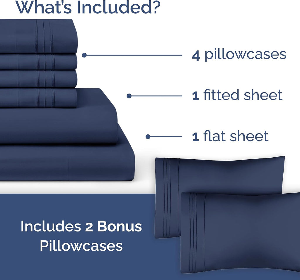 6 Piece Navy Blue Queen Size Bed Sheet Set, Fitted Sheet 60 x 80 and 6 Pillowcases 20 x 30