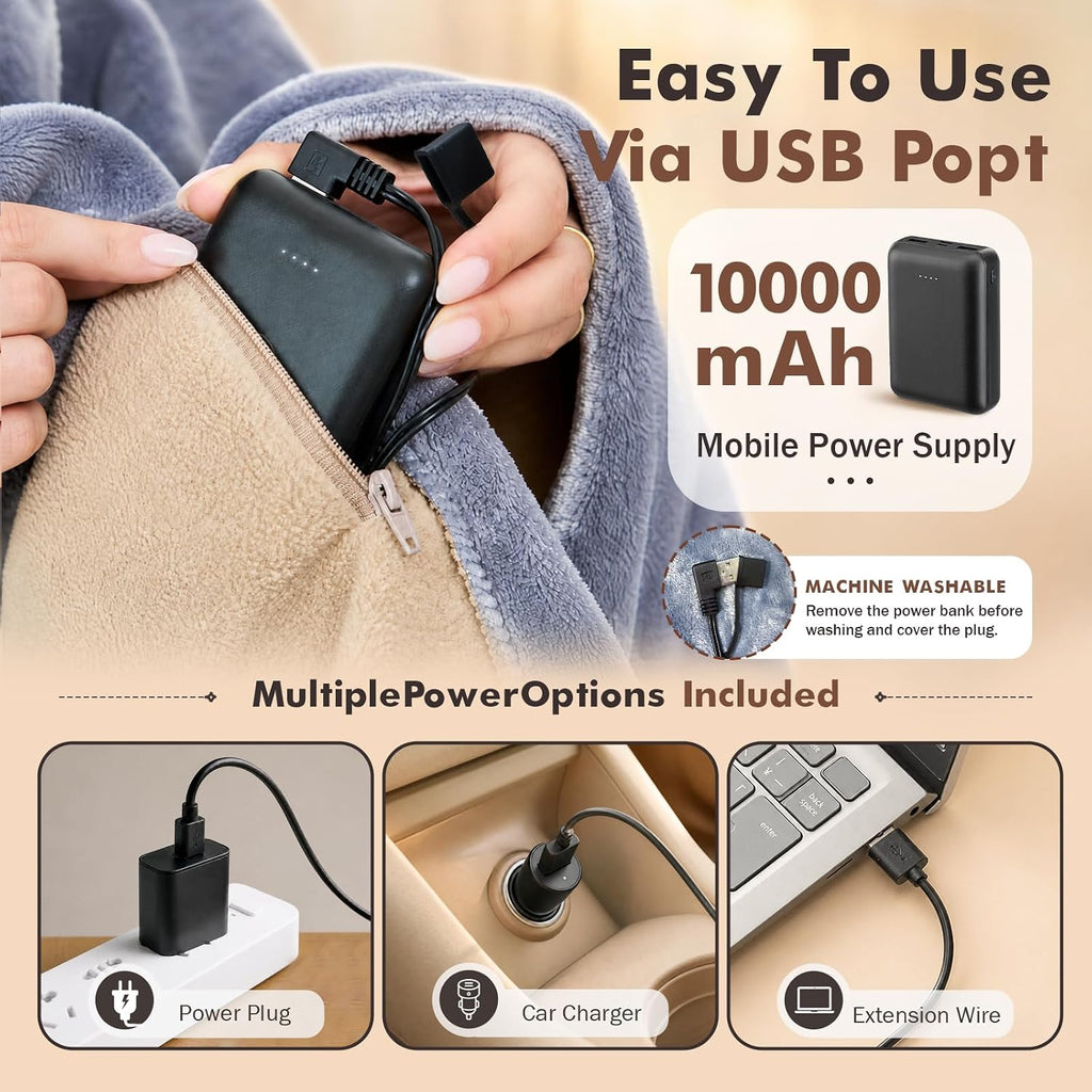 USB Heated Blanket with 10000mAh Power Bank,68" x 34" Heated Throw Blanket with 3 Fast-Heating Levels