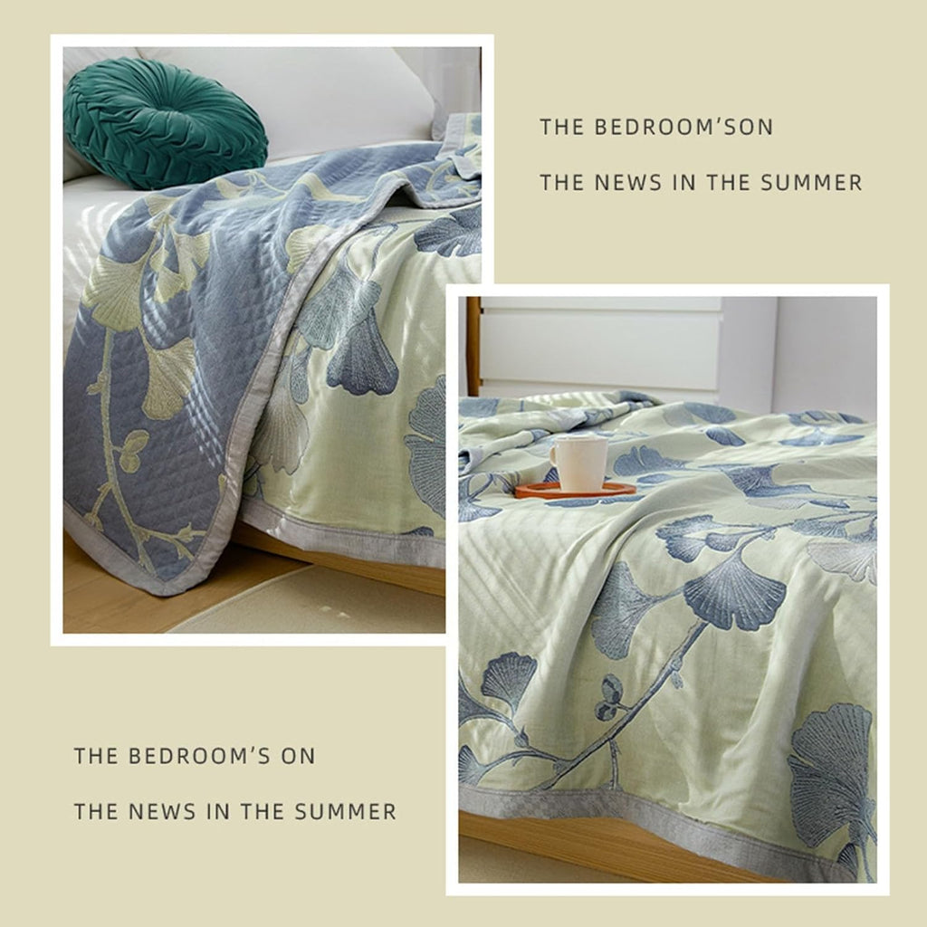 Ultra Soft Lightweight Ginkgo Pattern Quilt Boho Floral Ginkgo Leaf Pattern Quilt Bed Cover Blanket (B,79" W X 90" L)