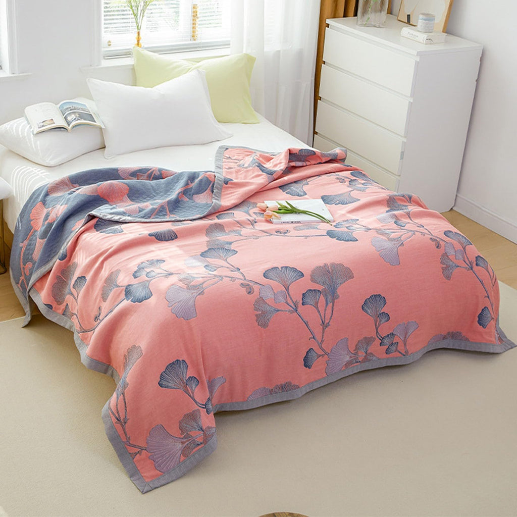 Ultra Soft Lightweight Ginkgo Pattern Quilt Boho Floral Ginkgo Leaf Pattern Quilt Bed Cover Blanket (B,79" W X 90" L)