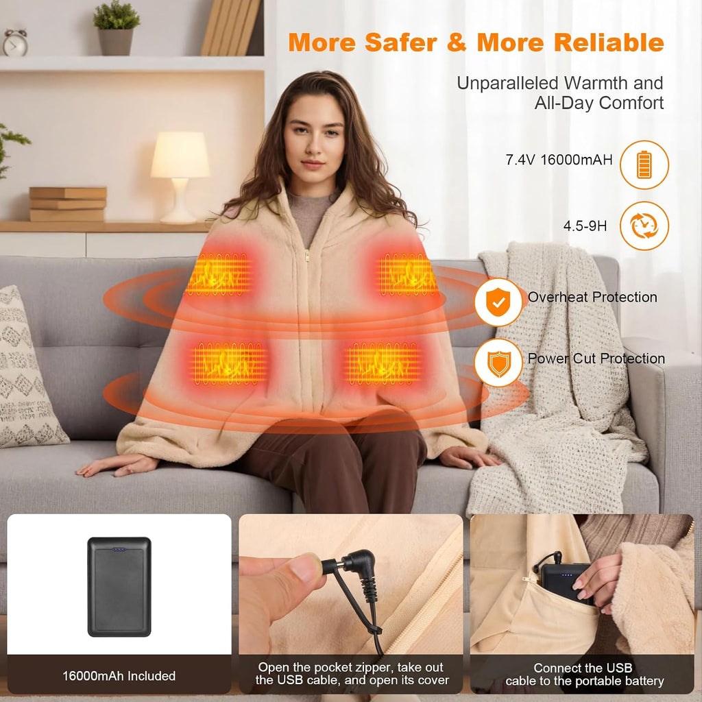 Heated Blanket Battery with Fleece Lining; Portable Heated Shawl