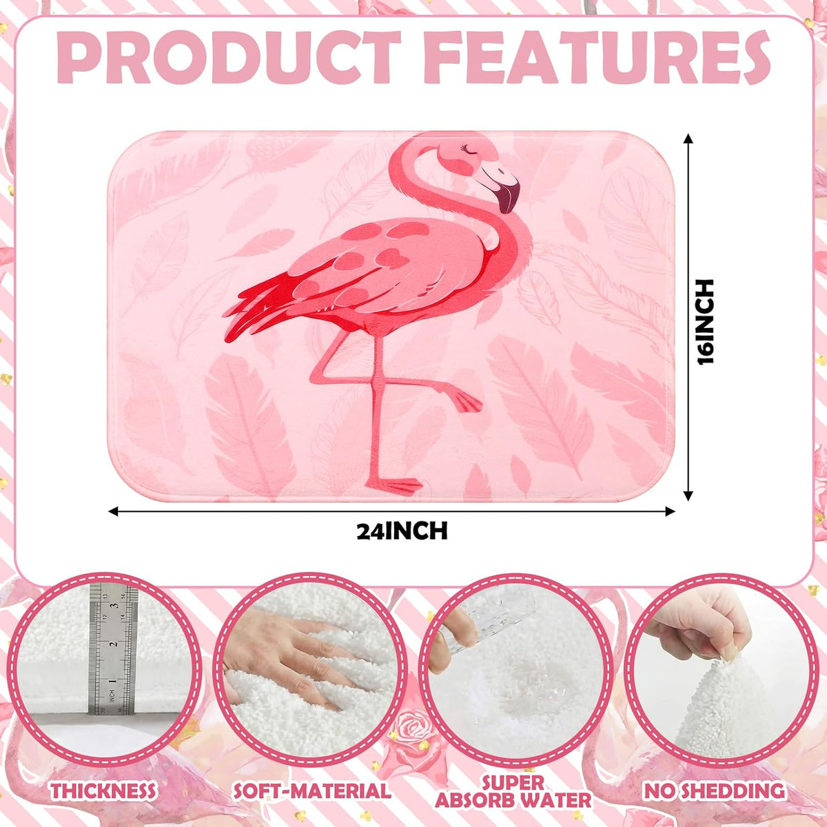 4 Pcs Flamingo Hand Towel with Floor Mat, Hot Pink Bird Towel