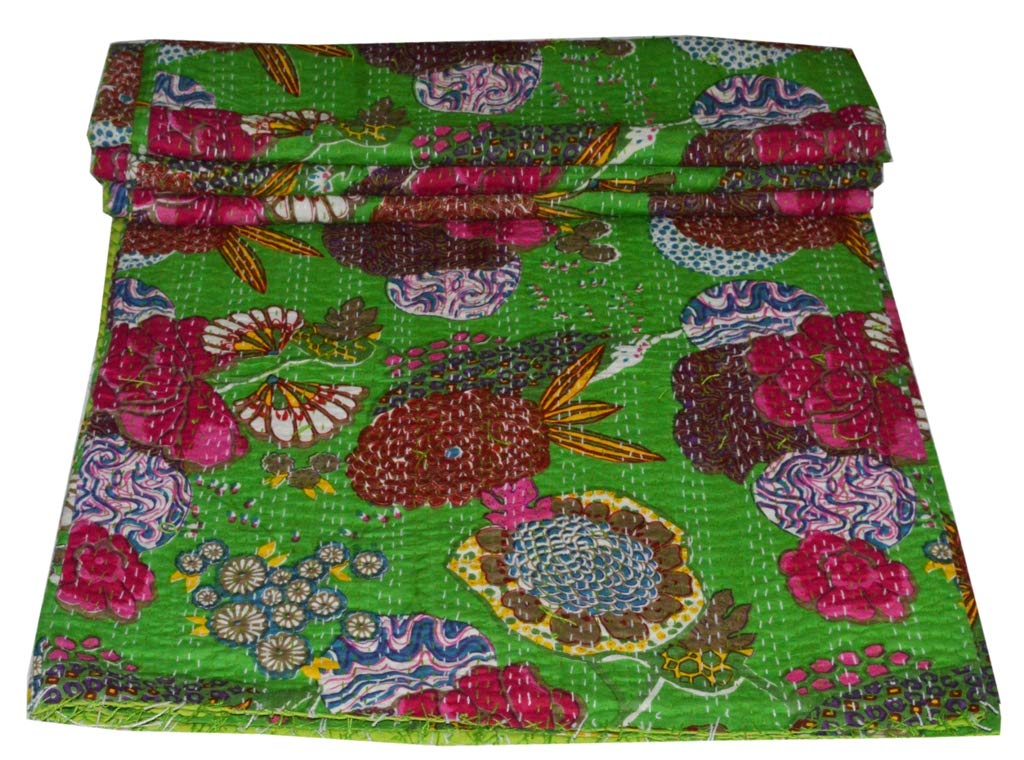 Kantha Fruit Screen Print Cotton Quilt Indian Bedspreads (Twin_Grey)