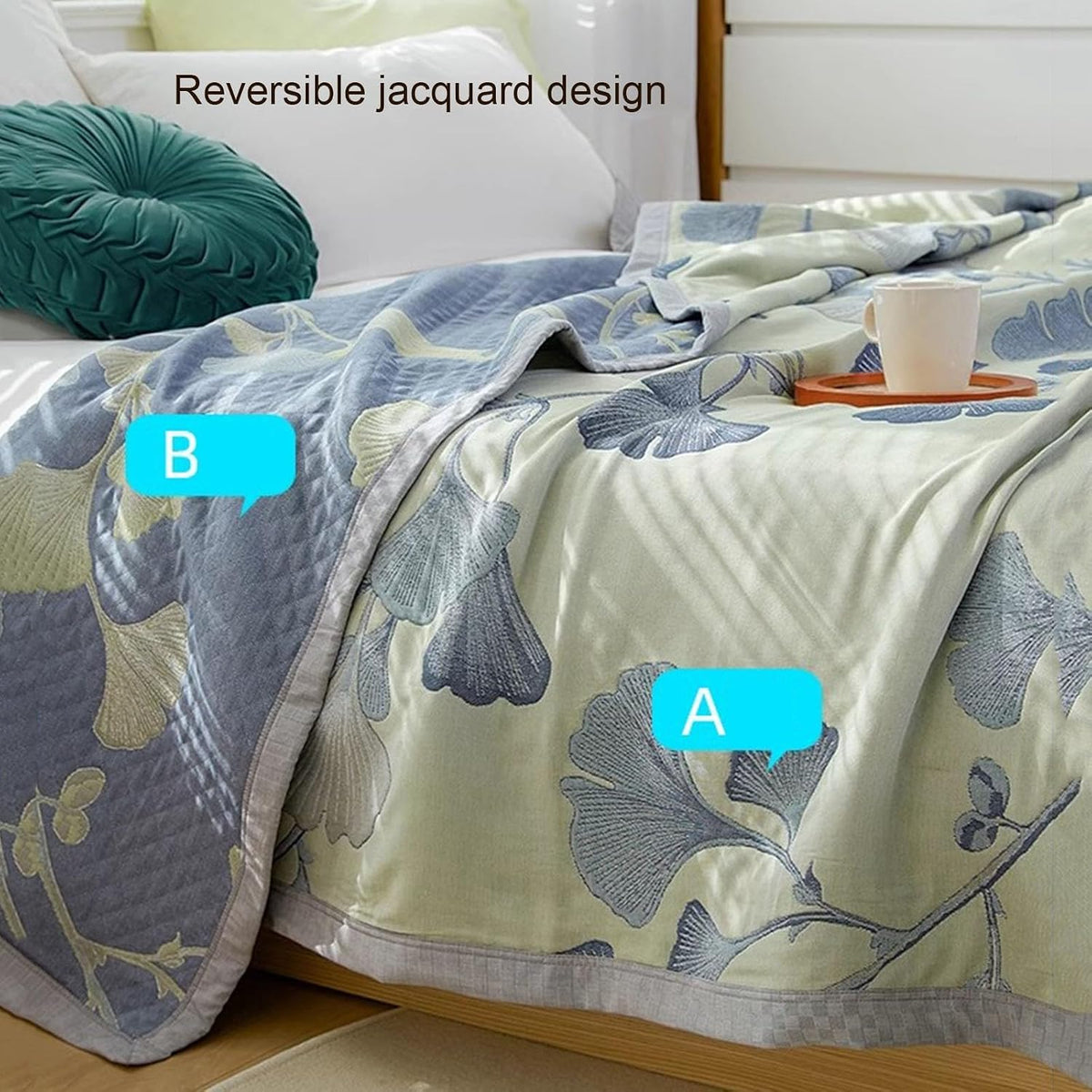 Ultra Soft Lightweight Ginkgo Pattern Quilt Boho Floral Ginkgo Leaf Pattern Quilt Bed Cover Blanket (B,79" W X 90" L)