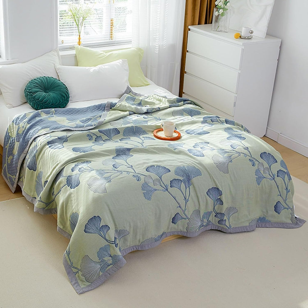 Ultra Soft Lightweight Ginkgo Pattern Quilt Boho Floral Ginkgo Leaf Pattern Quilt Bed Cover Blanket (B,79" W X 90" L)