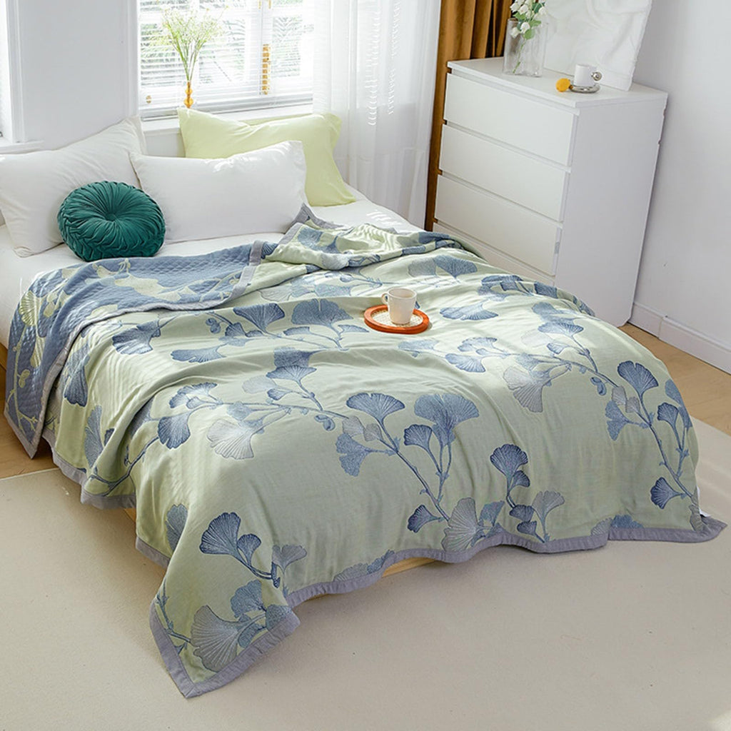Ultra Soft Lightweight Ginkgo Pattern Quilt Boho Floral Ginkgo Leaf Pattern Quilt Bed Cover Blanket (B,79" W X 90" L)
