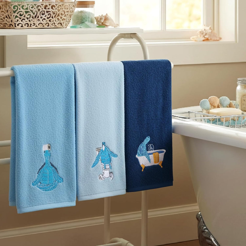 3 Pcs Funny Sea Turtle Hand Towels 100% Cotton Embroidered Coastal Beach Bath Towel 29.5 x 13.8 Inch