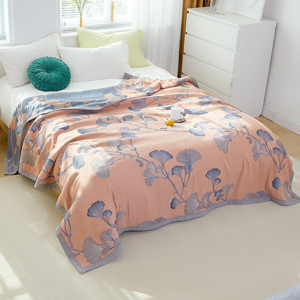 Ultra Soft Lightweight Ginkgo Pattern Quilt Boho Floral Ginkgo Leaf Pattern Quilt Bed Cover Blanket (B,79" W X 90" L)
