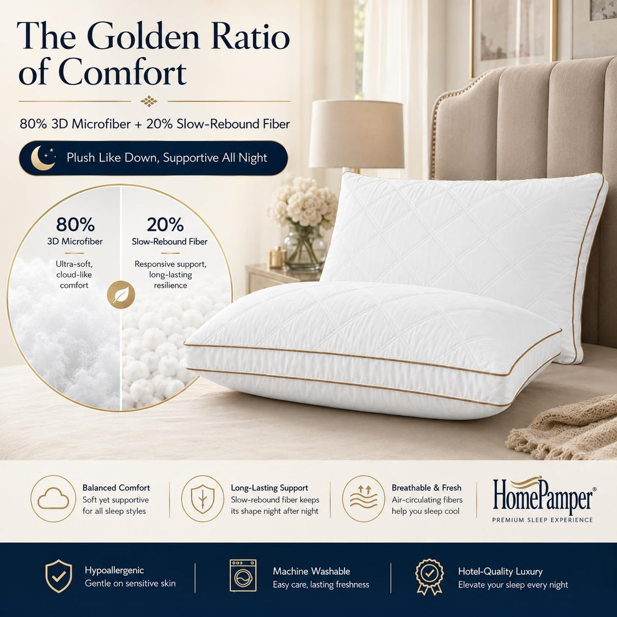 Pillows Queen Size Set of 2, Gusseted Pillow Set for Side Back Stomach Sleepers, White