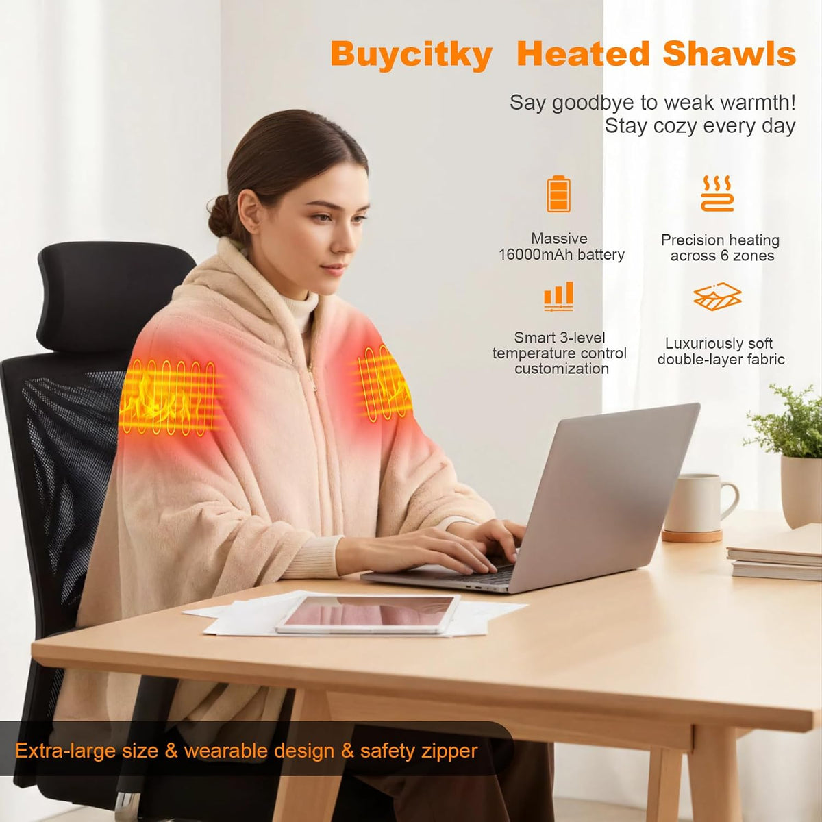 Heated Blanket Battery with Fleece Lining; Portable Heated Shawl