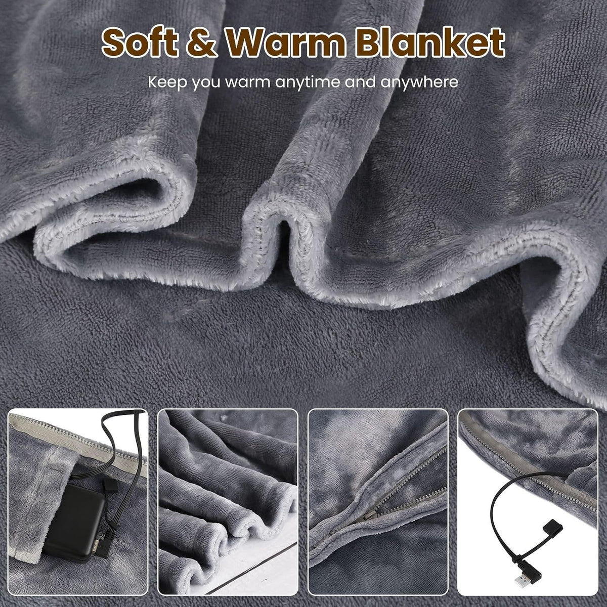 Heated Blanket Throw Blanket, Soft Warm Flannel Heating Blanket with Zipper for Neck, Shoulder and Back (59"x31")