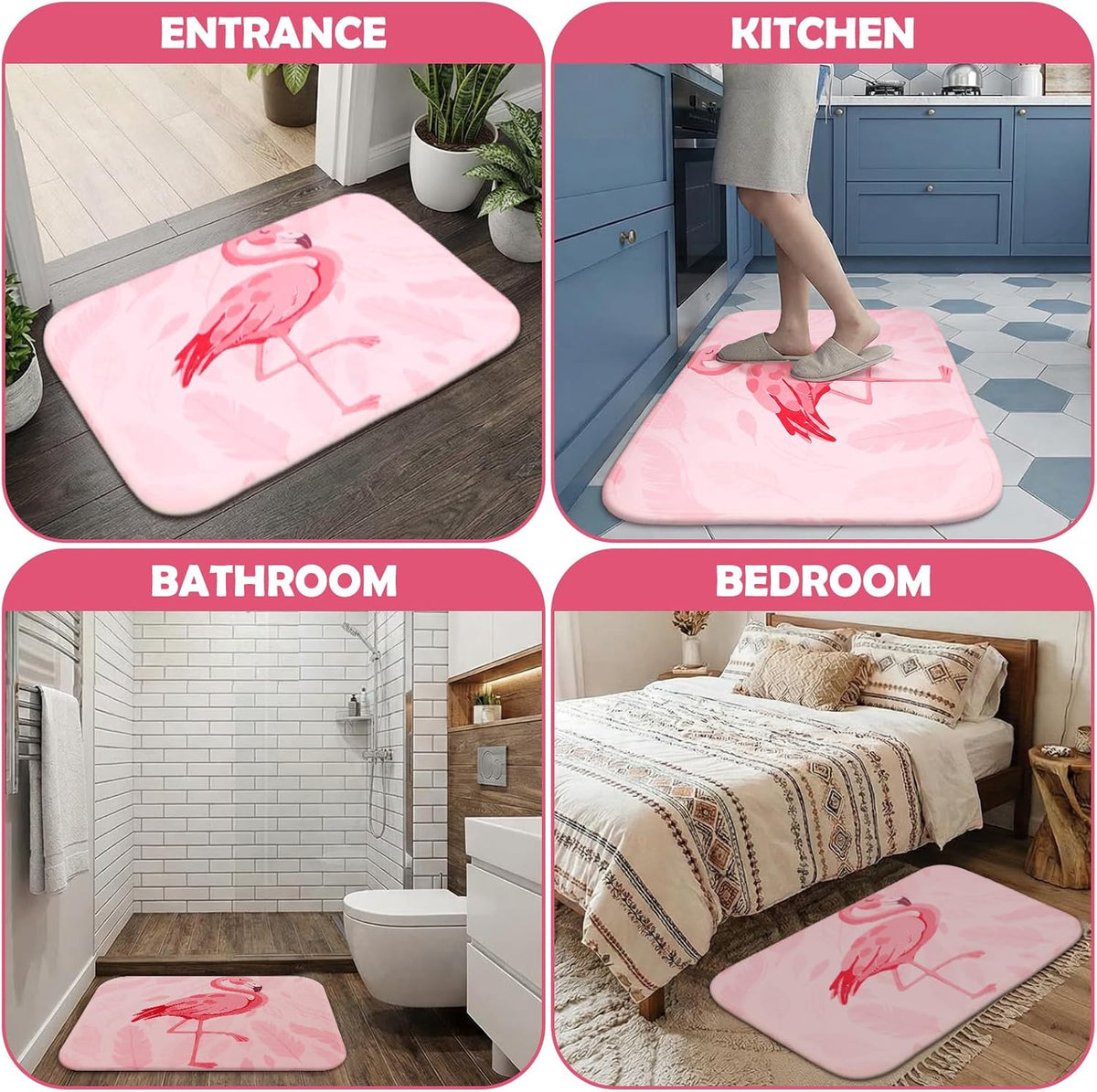 4 Pcs Flamingo Hand Towel with Floor Mat, Hot Pink Bird Towel