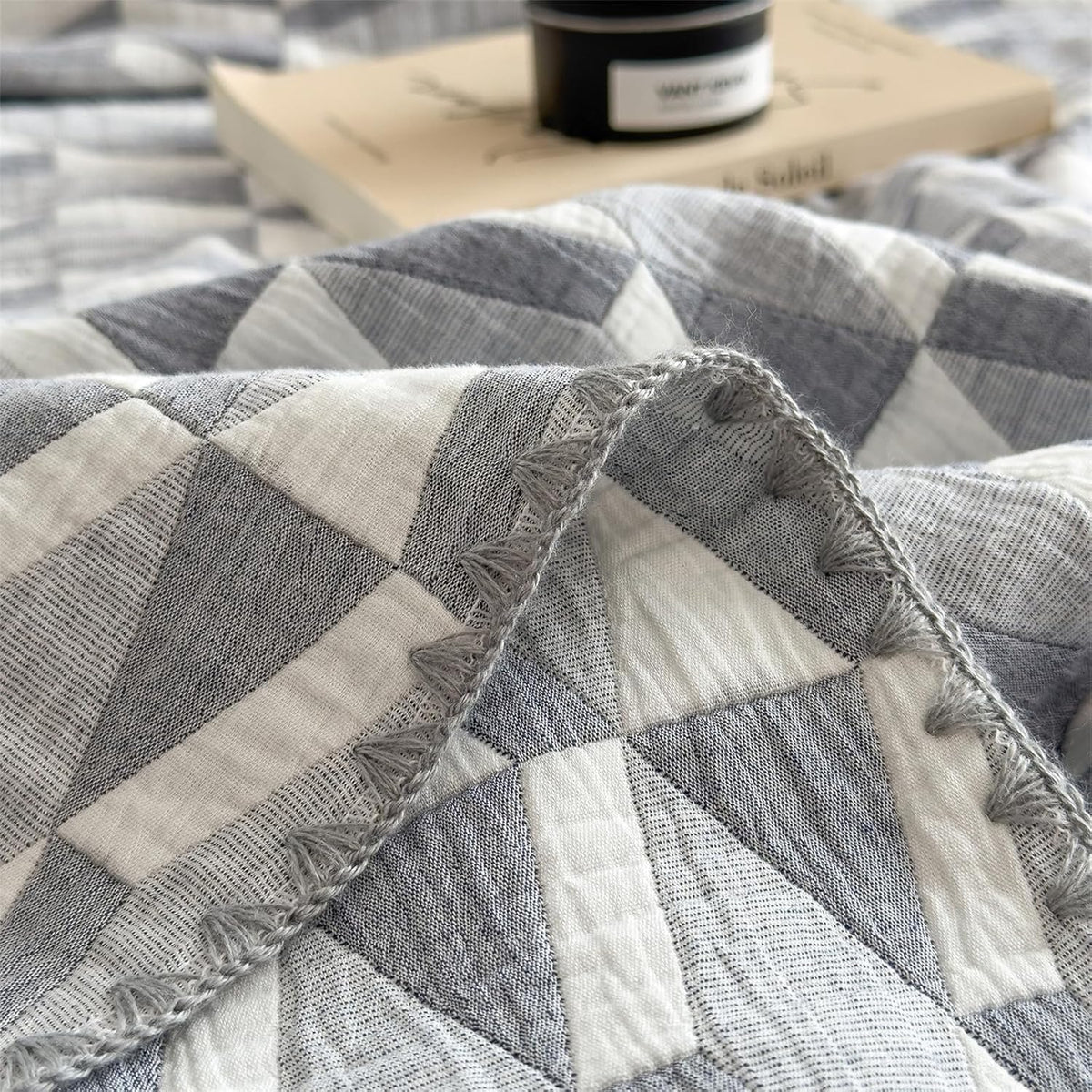 3 Layer Breathable Bed Cover, Vintage Geometric Shabby Chic Bedding (Grey Geometric)
