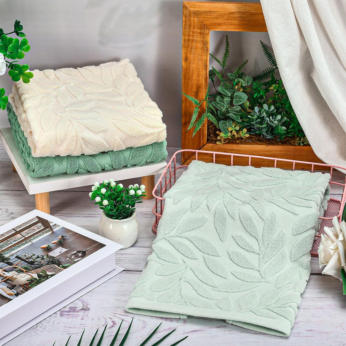 3Pcs Leaves Hand Towels 3D Jacquard Cotton Bath Towel 3 Colors