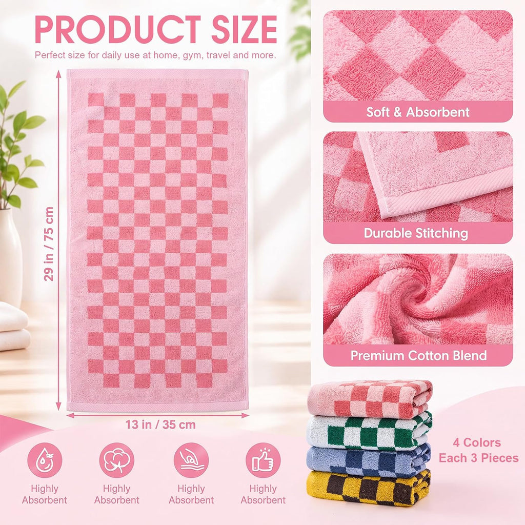 12 Pack Checkered Hand Towels, Cotton for Kitchen & Bathroom