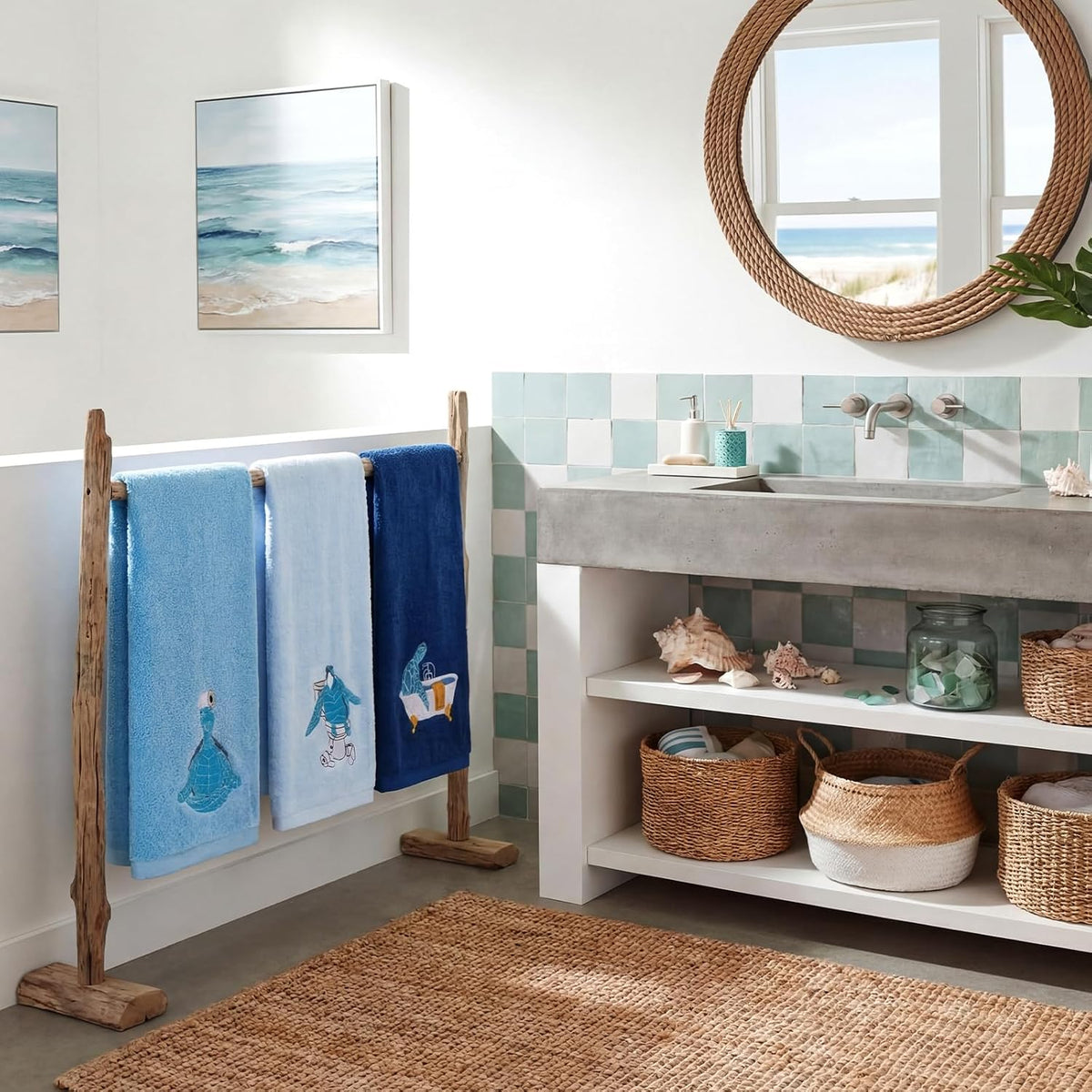3 Pcs Funny Sea Turtle Hand Towels 100% Cotton Embroidered Coastal Beach Bath Towel 29.5 x 13.8 Inch