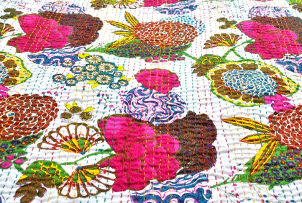 Kantha Fruit Screen Print Cotton Quilt Indian Bedspreads (Twin_Grey)
